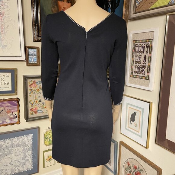 60s Vintage Black Stretch Knit Wiggle Dress with Beaded Cuffs and Neckline XL - Picture 5 of 5